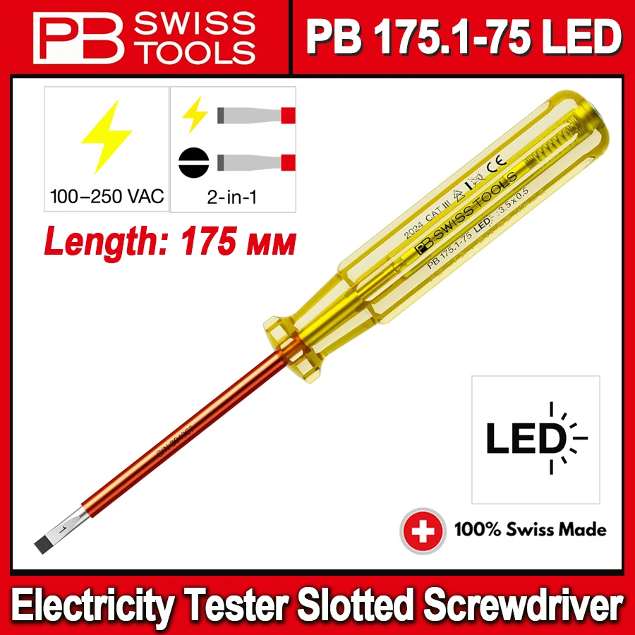 

PB Swiss 2-в-1 светодиодный тестер напряжения 100-250 В переменного тока тестер фазы и тестер электричества изолированная шлицевая отвертка PB 175.1-75 светодиодный
