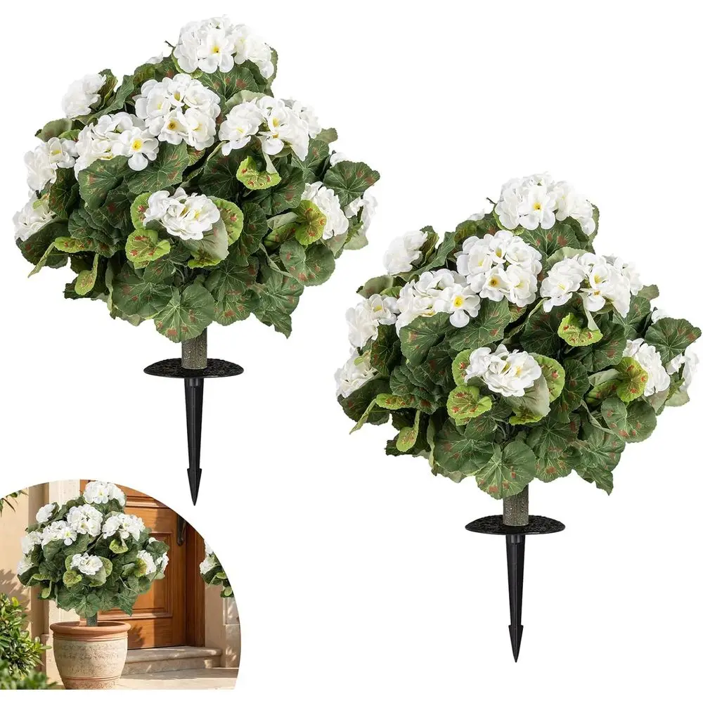 

Pair of 22.5 Artificial Evergreen Shrubs with Ground Spikes, 300 Leaves, 22 Flowers, UV-Resistant Indoor/Outdoor Silk Topiary Pl