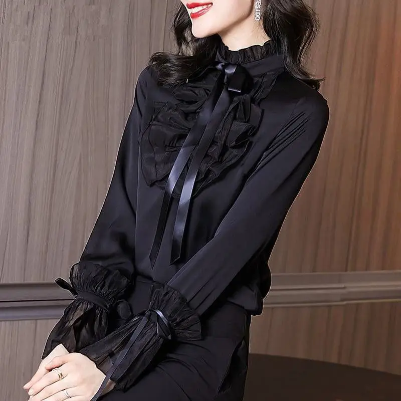 Chiffon Office Lady Thin Flare Sleeve Lace Half Height Collar Ruffled Patchwork Single Breasted Women Shirt Ribbon Bow Black