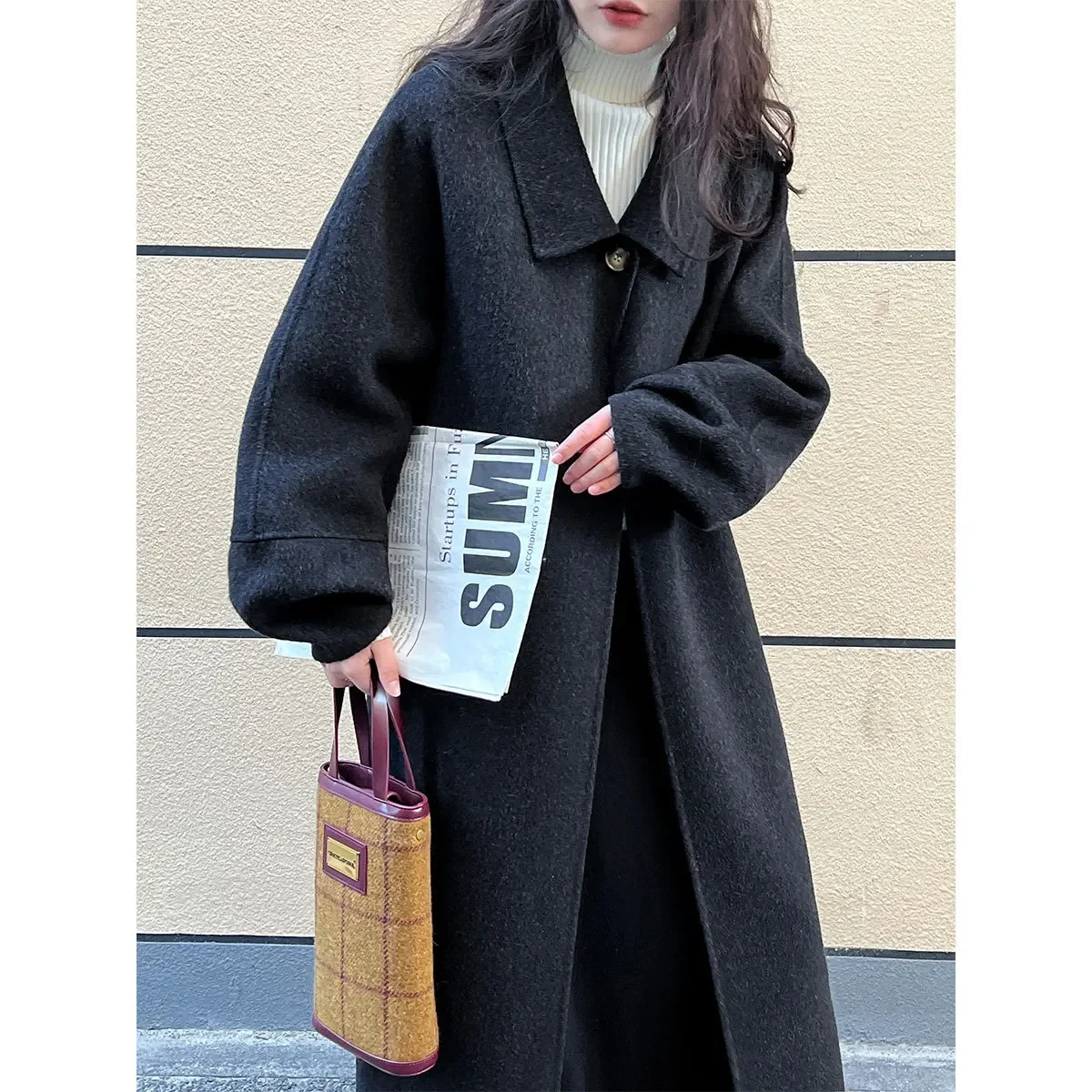 Lantern sleeve double-sided wool coat for women's Korean 2023 autumn and winter quiet luxury high-end long woolen coat