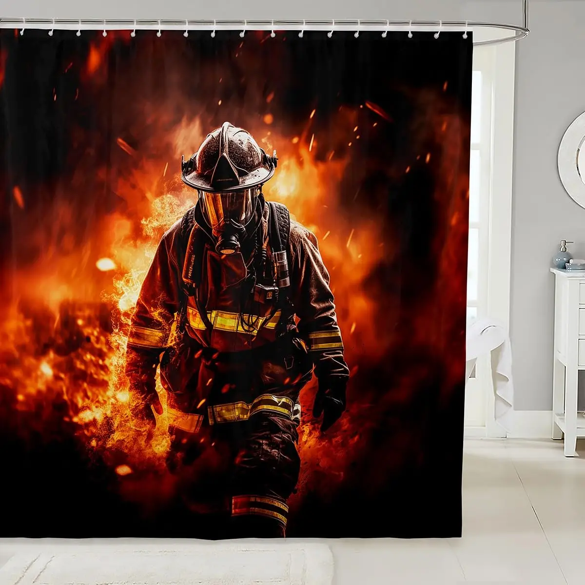 3D Firefighter Fire Fighting Pattern Shower Curtains Waterproof Sports Red Fire Truck Fabric Hooks Screen Bathroom Decor Curtain