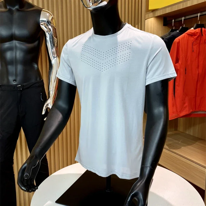 Men Laser Cut Quick Dry T Shirt Short Sleeve High Elastic Breathable Sport Top For Outdoor Activities