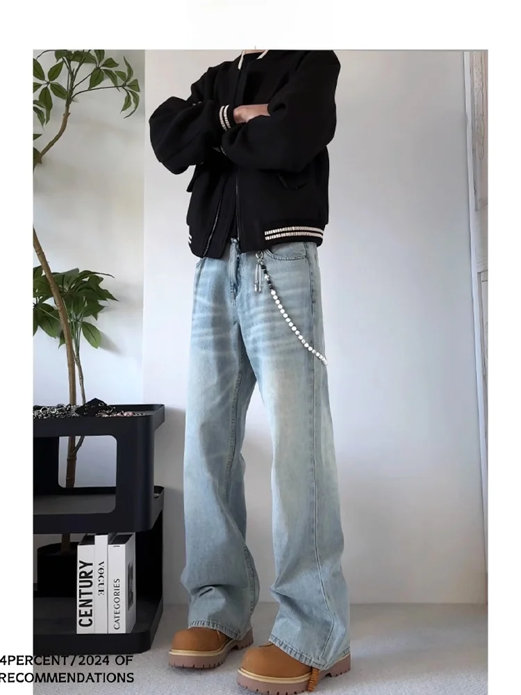 

American Sle Ice Blue Bell Bot Men's Jeans CleanFit Knife High And Slim Straight Casual Long Pants