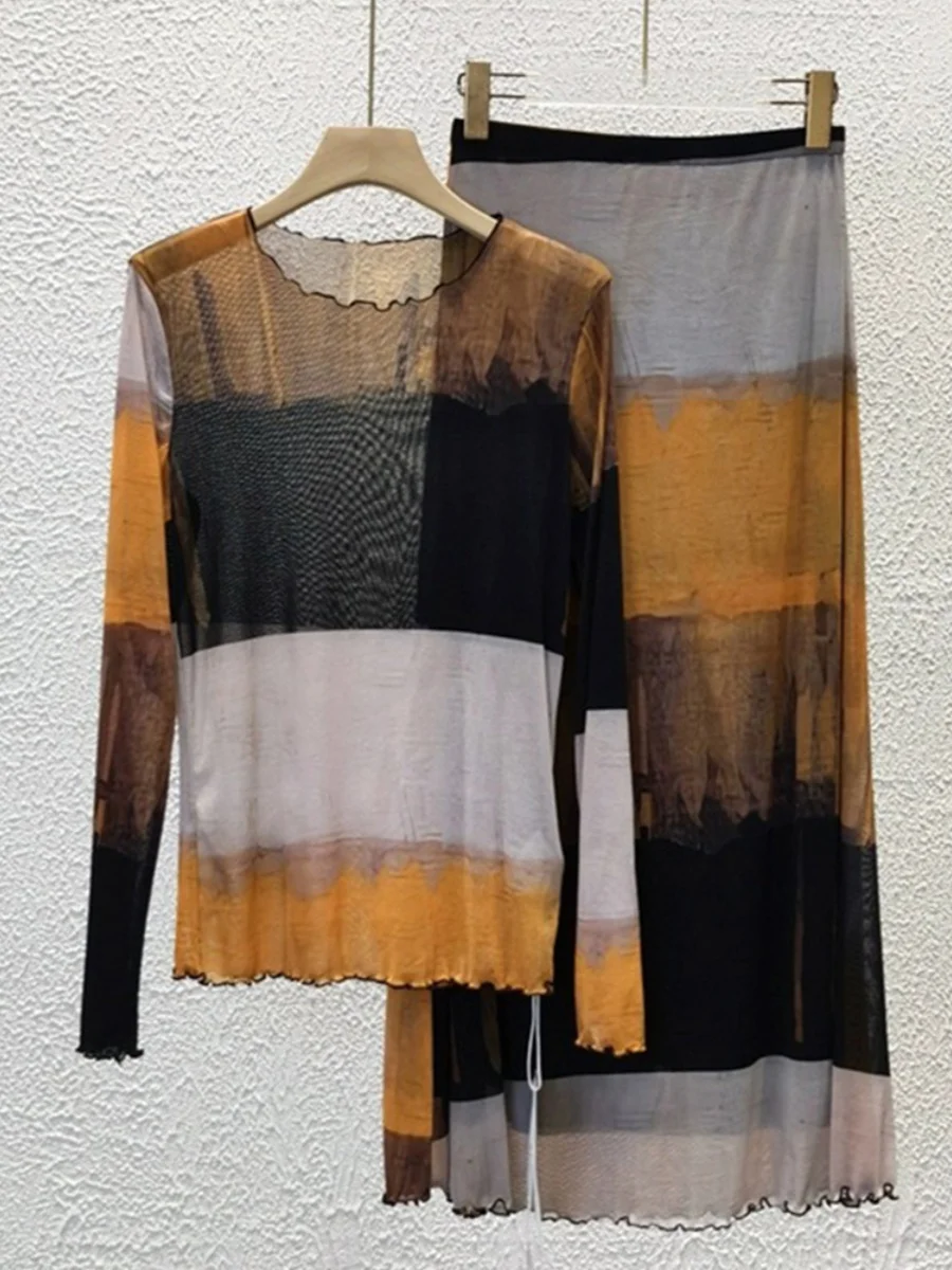 

Ретро-юбка миди с рюшами и складками, женская летняя юбка в гонконгском стиле, с эффектом тай-дай, цветными блоками, высокой талией, сетчатая, А-силуэт