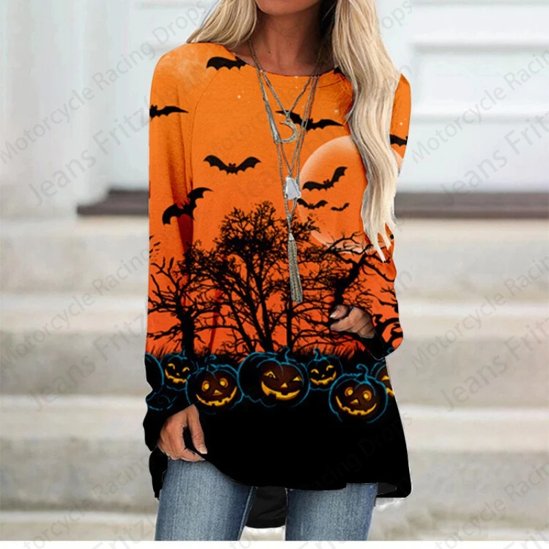 Halloween Cat 3d Print Long Sleeve T-shirt Women Fashion Crewneck Long Tunic Tops Women Fall Ghost Clothing Femme Tops Y2k Style