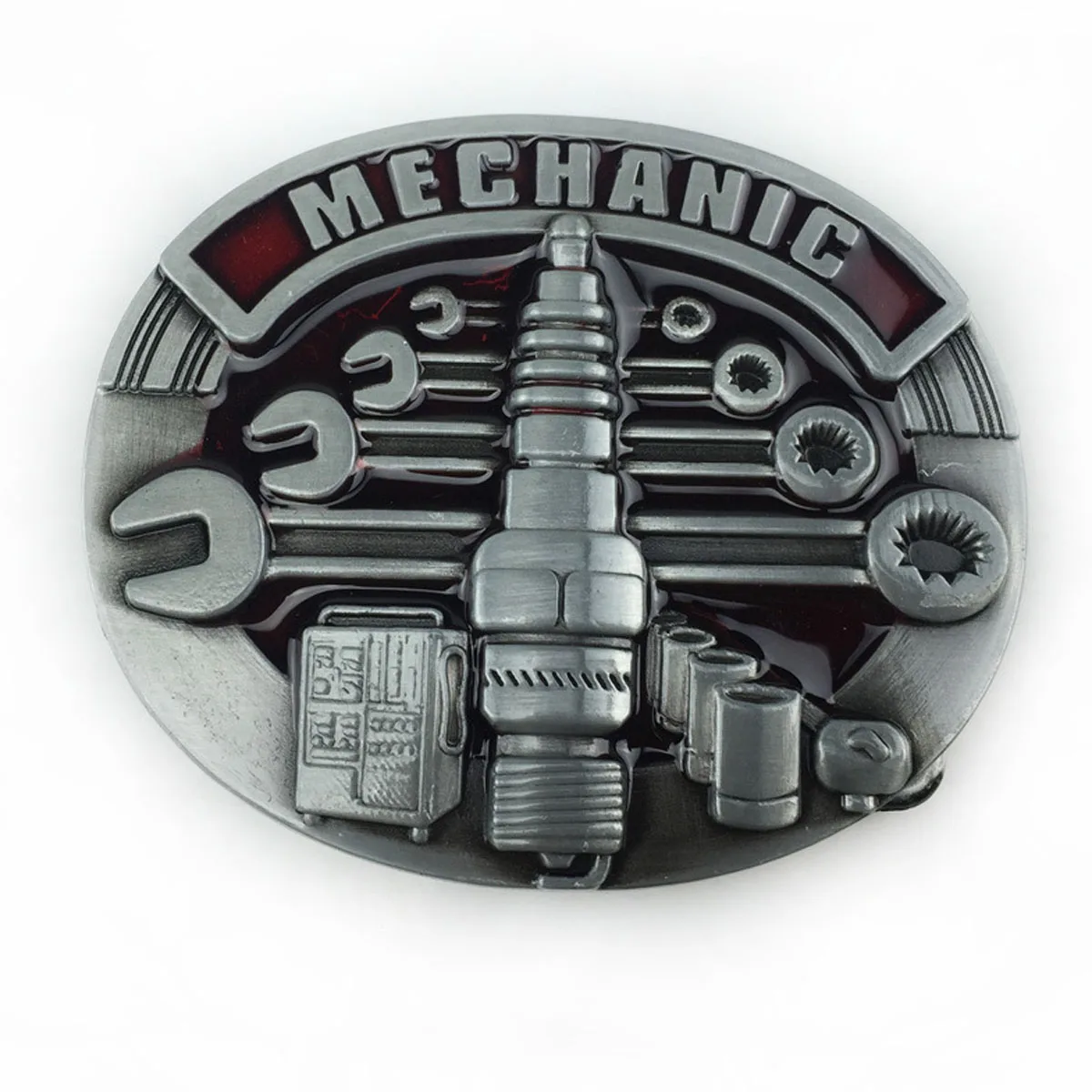 Vintage Mechanic Belt Buckle 3D Wrench Tool Pattern Antique Silver Oval Metal Belt Buckle For Men Jeans Waist Belt Gift