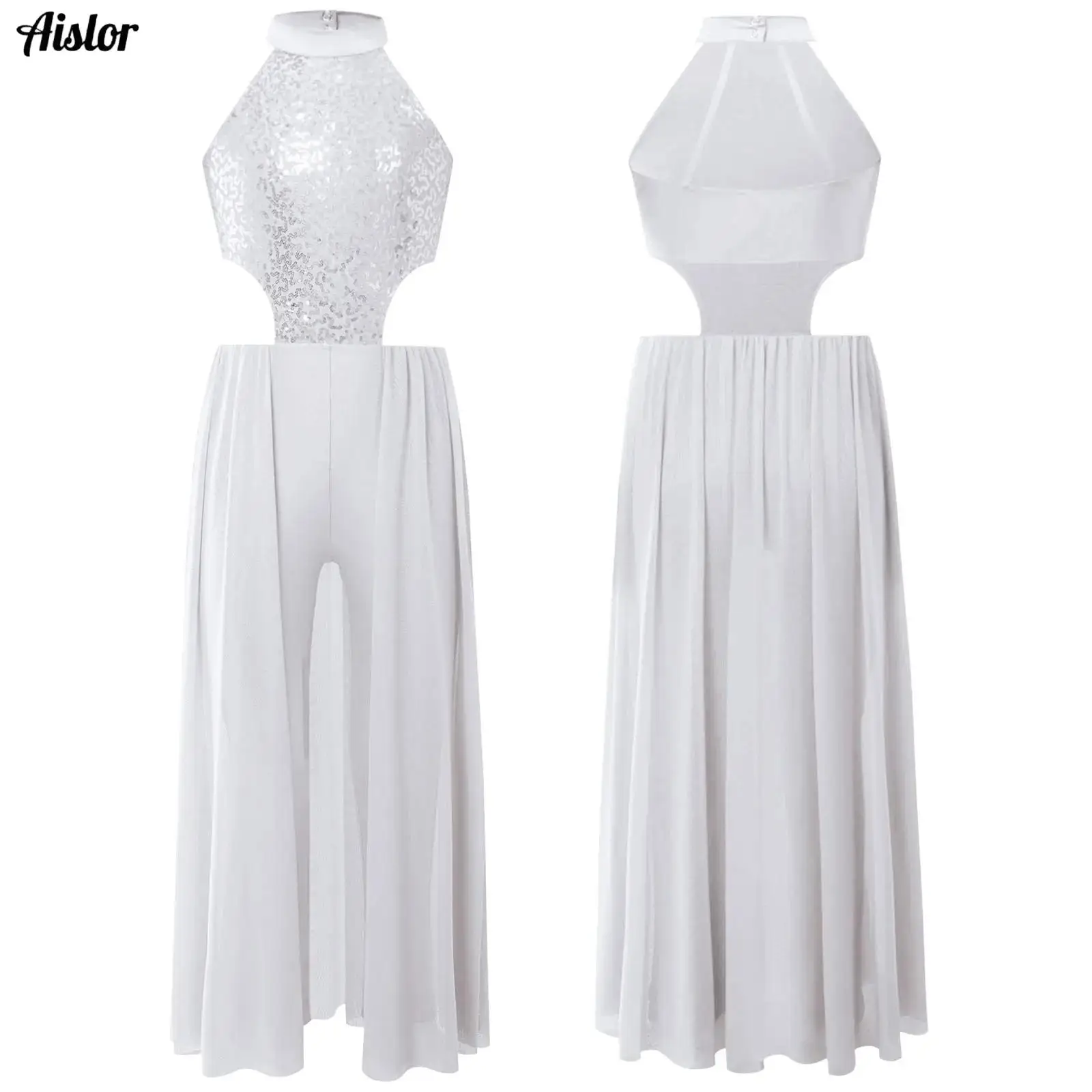 

Kids Girls Jazz Latin Dance Performance Costume Shiny Sequins Halter Sleeveless Backless Mesh Skirted Jumpsuit Lyrical Dancewear