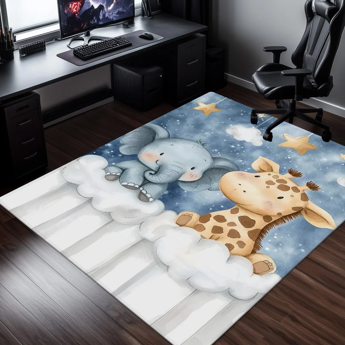 Cute Animal Cloud Nursery Rug Play Mat Kids Room Decor Elephant Giraffe Stars Bedtime Safari Carpet Whimsical Crib Floor Mat