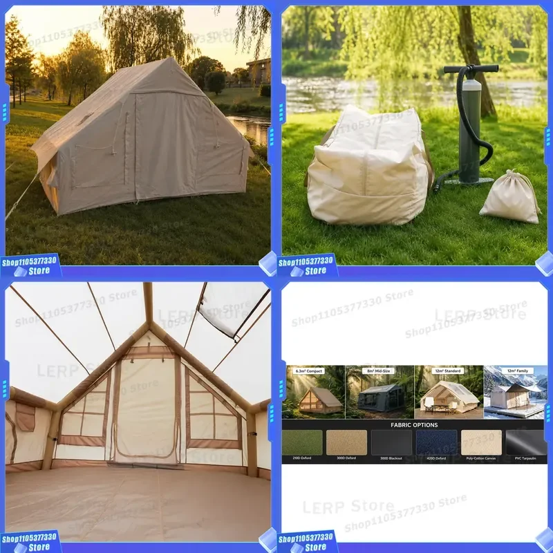 Khaki 6.3sqm Inflatable Tent Entry-Level Single Door 210D Oxford Waterproof Glamping Air Cabin Simple to Inflate Affordable