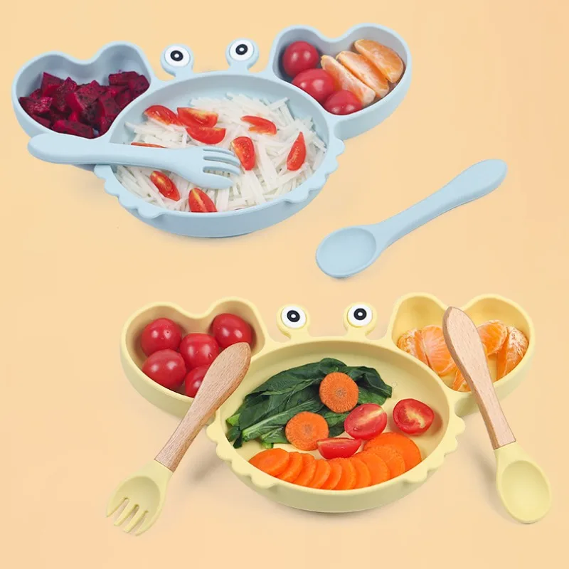9Pcs Crab Plate For Baby Silicone Tableware Suction Cup With Straw Cute Bowl Plate Tray Bibs Spoon Feeding Set For Kids