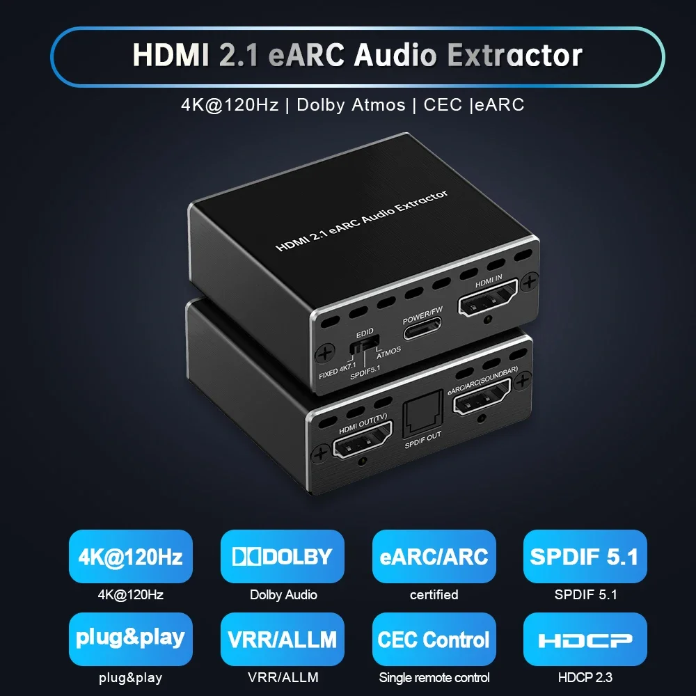 متوفر في المخزون 4K120 هرتز HDMI 2.1 EARC مستخرج الصوت 1 في 1 يدعم VRR ALLM HDCP2.3 ARC EARC لـ PS5 Xbox NVIDIA AMD