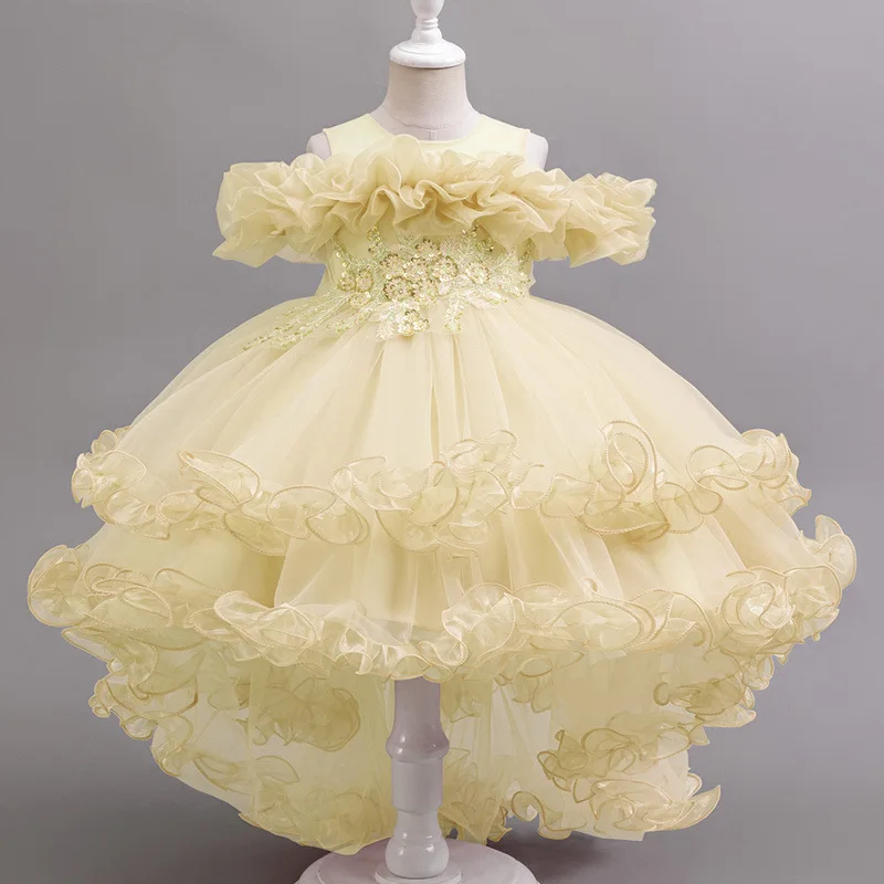 New Soft Gauze Decal Sleeveless Solid Color Trailing Fluffy Skirt for Girls Wedding Flower Girl New Year\'s Sweet and Cute Dress