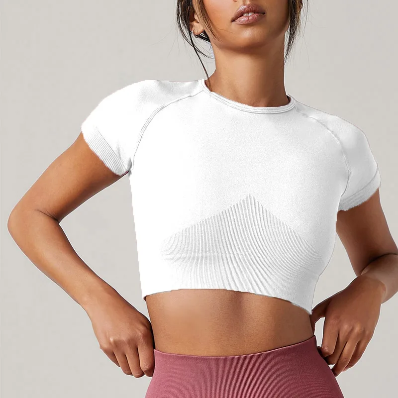 เสื้อโยคะผู้หญิงไร้ตะเข็บ เสื้อยืดกีฬา เสื้อผ้าฟิตเนส เสื้อโยคะแขนสั้น เสื้อยิม เสื้อวิ่ง ชุดออกกำลังกาย เสื้อกีฬา