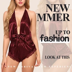 V-Neck Sexy Stylish Backless Satin Red Small Breast Onesie Pajamas Lace Sleeveless Women's Lingerie Set