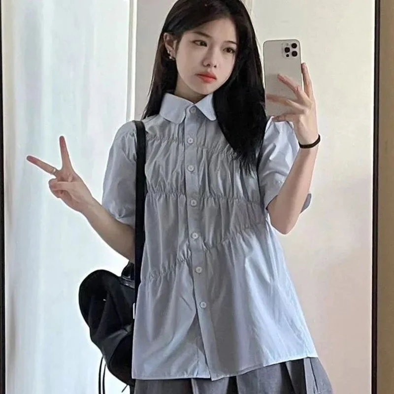 Shirt Women Blue Folds Preppy Style Turn Down Collar Short Sleeve Top Korean Fashion Solid Elegant Chic Blouse Female New