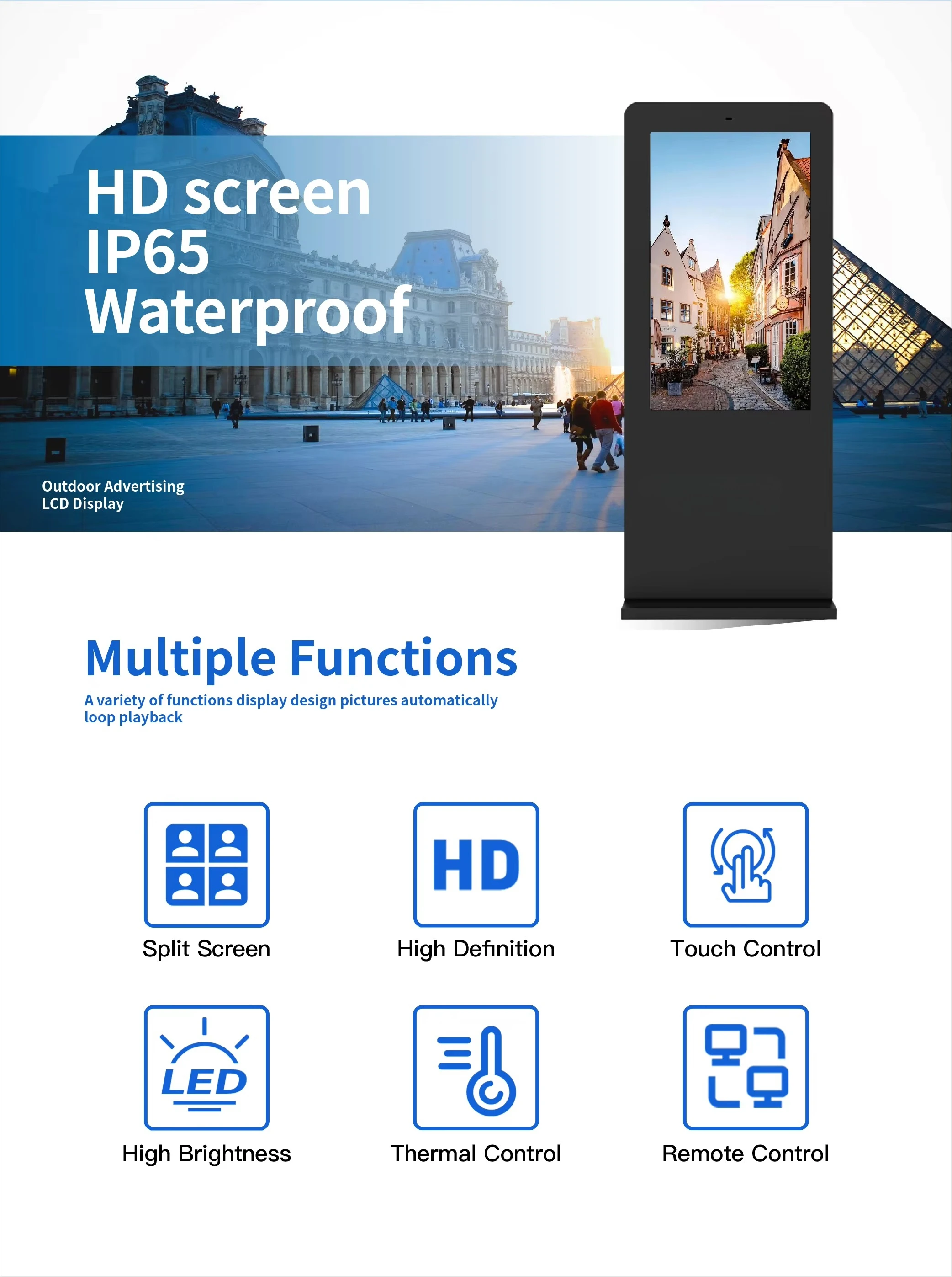 43 Inch Outdoor Waterproof LCD Display Screen HD Digital Signage Kiosk IP65 High Brightness Floor Standing for Public Use