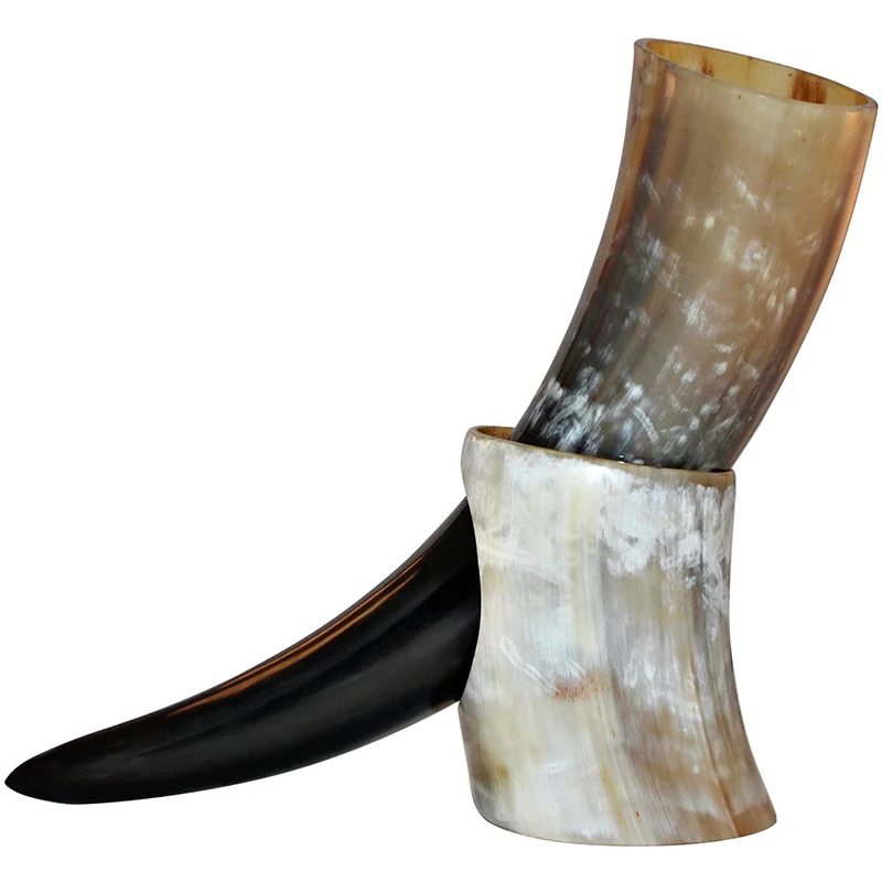 Natural Handmade Viking Drinking Ox Horn Mugs Cups with Stand Ale Beer Wine Goblets Chalice Tankard Horn Beaker Vessels Deco