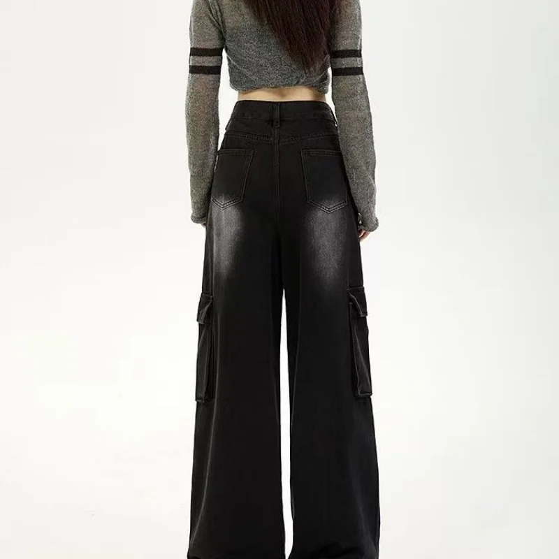 アメリカンブラックジーンズ女性の春と秋の新しいスタイルのデザインストレートルーズカジュアルで多用途なワイドレッグパンツ