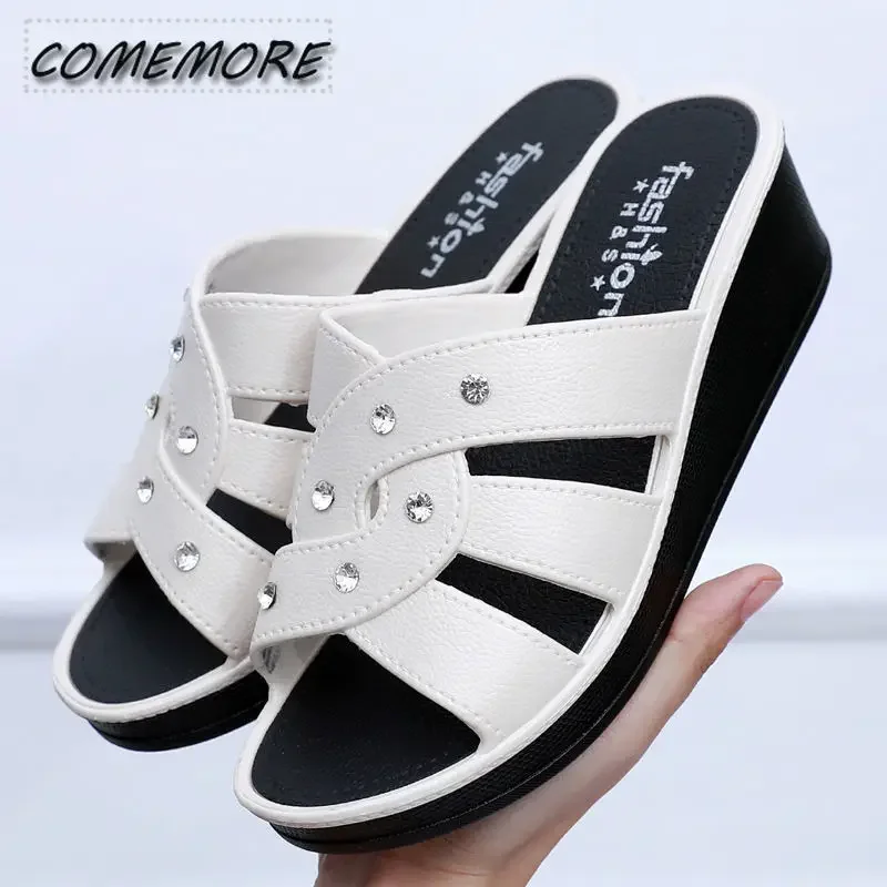 Women\'s High Heel Slippers Summer Wear Thick Bottom Fashion Home Non-Slip Mother Shoes Soft Bottom Black Wedge Women Sandals PU