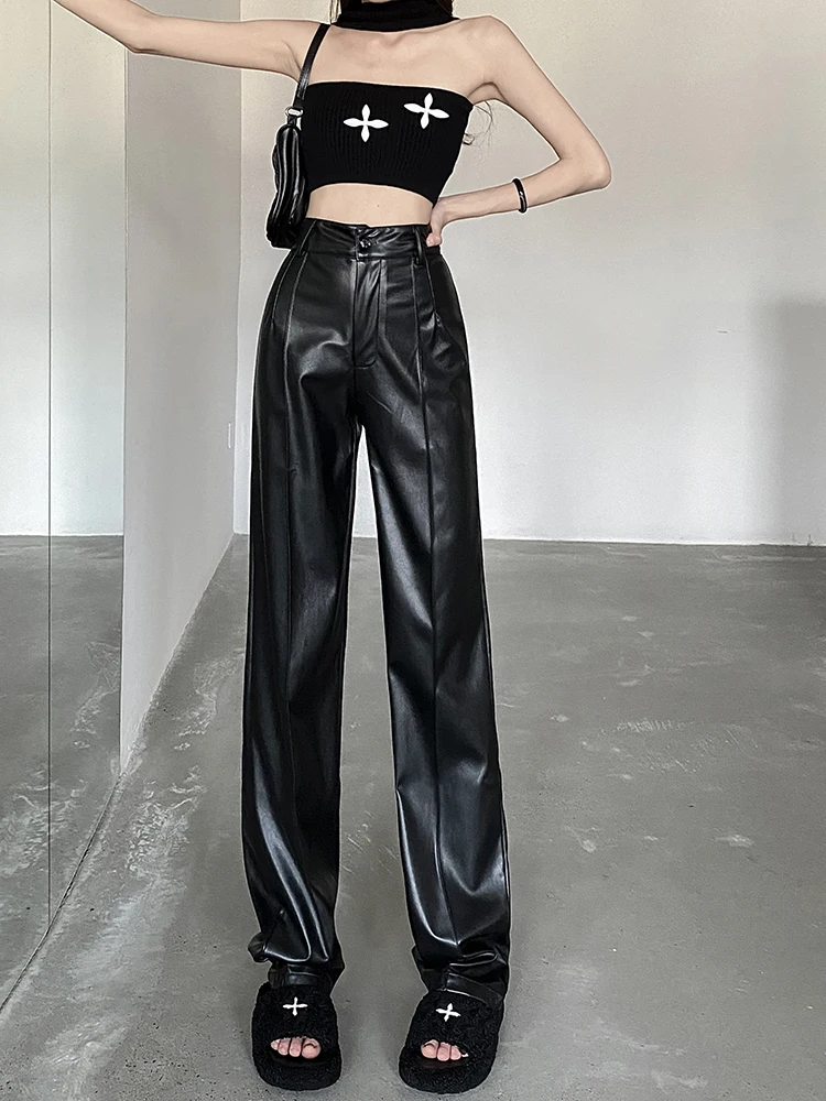 

High Waist Straight Loose Casual Wide Leg Black Leather Pants Trousers Pant Pantalones Streetwear Sexy2023 Fall