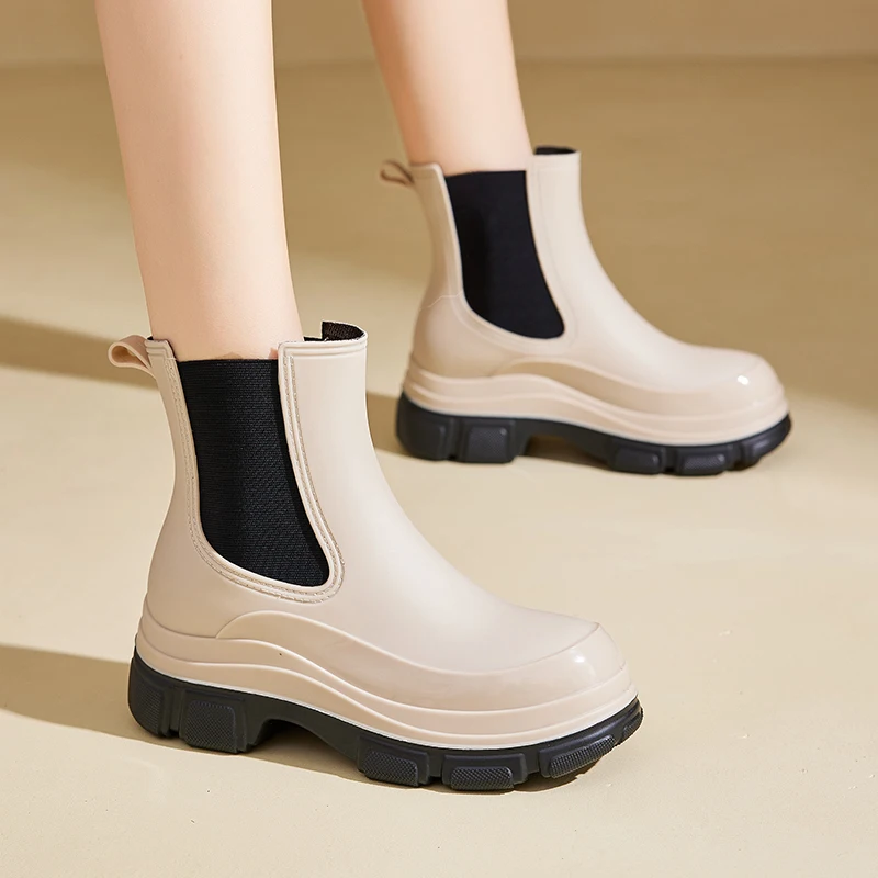 Zapatos de lluvia elegantes para mujer: Botas de lluvia de cilindro medio para uso al aire libre, zapatos de goma impermeables, zapatos para vadear al aire libre