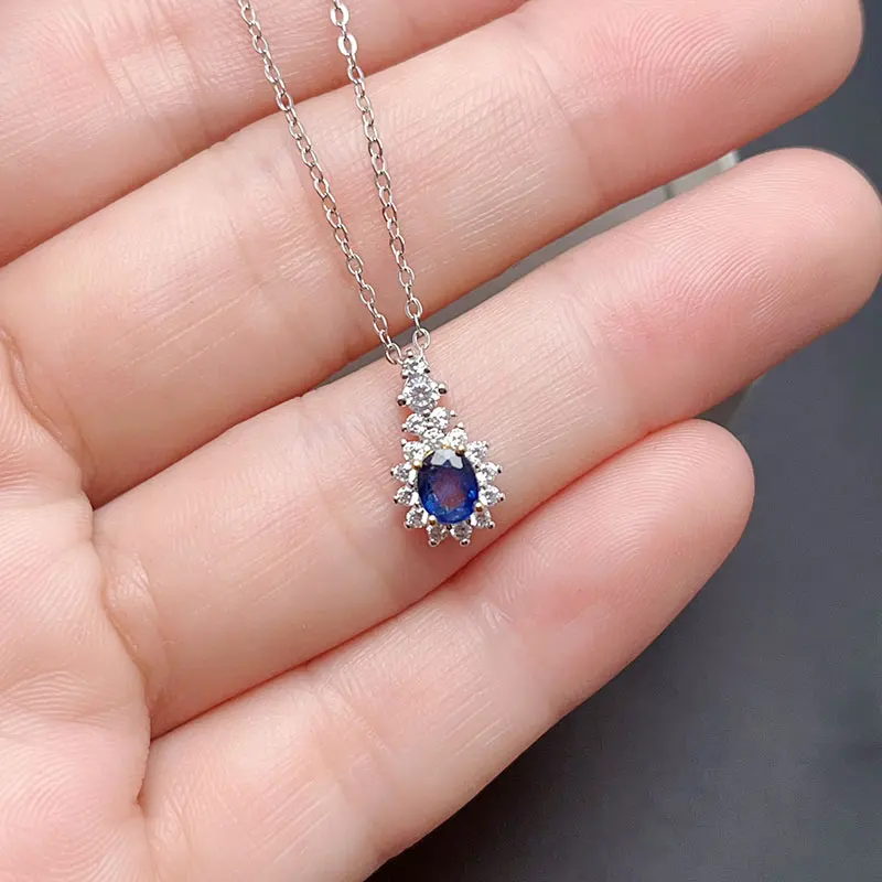 With Certificate 925 Silver Natural Sapphire Pendant 4*5mm 0.4ct Genuine Sapphire Necklace Pendant Ideal Birthday Gift for Women