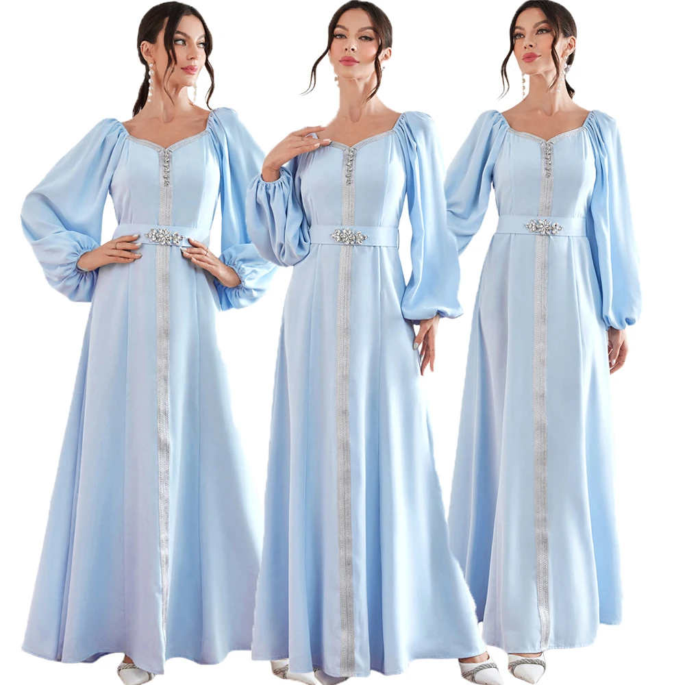 

Autumn Muslim Party Dress for Women Abaya Ramadan Eid Diamond Jalabiya Elegant Long Dresses Woman Lace-up Vestidos Robe 2024