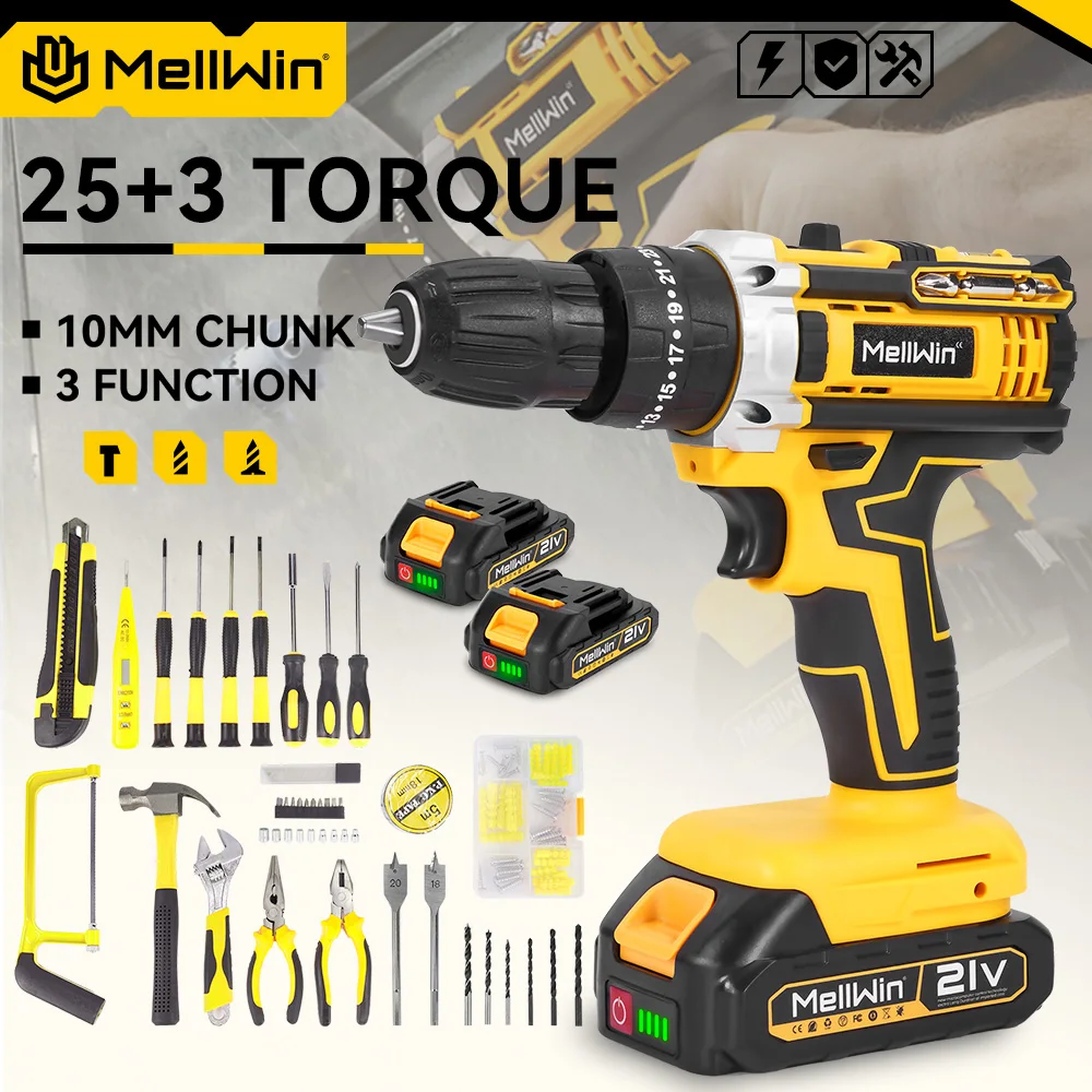MELLWIN-Juego de herramientas de taladro de impacto eléctrico, 25 + 3 torsión, 3 modos, 2 velocidades, destornillador eléctrico inalámbrico, herramienta eléctrica para batería de 21V