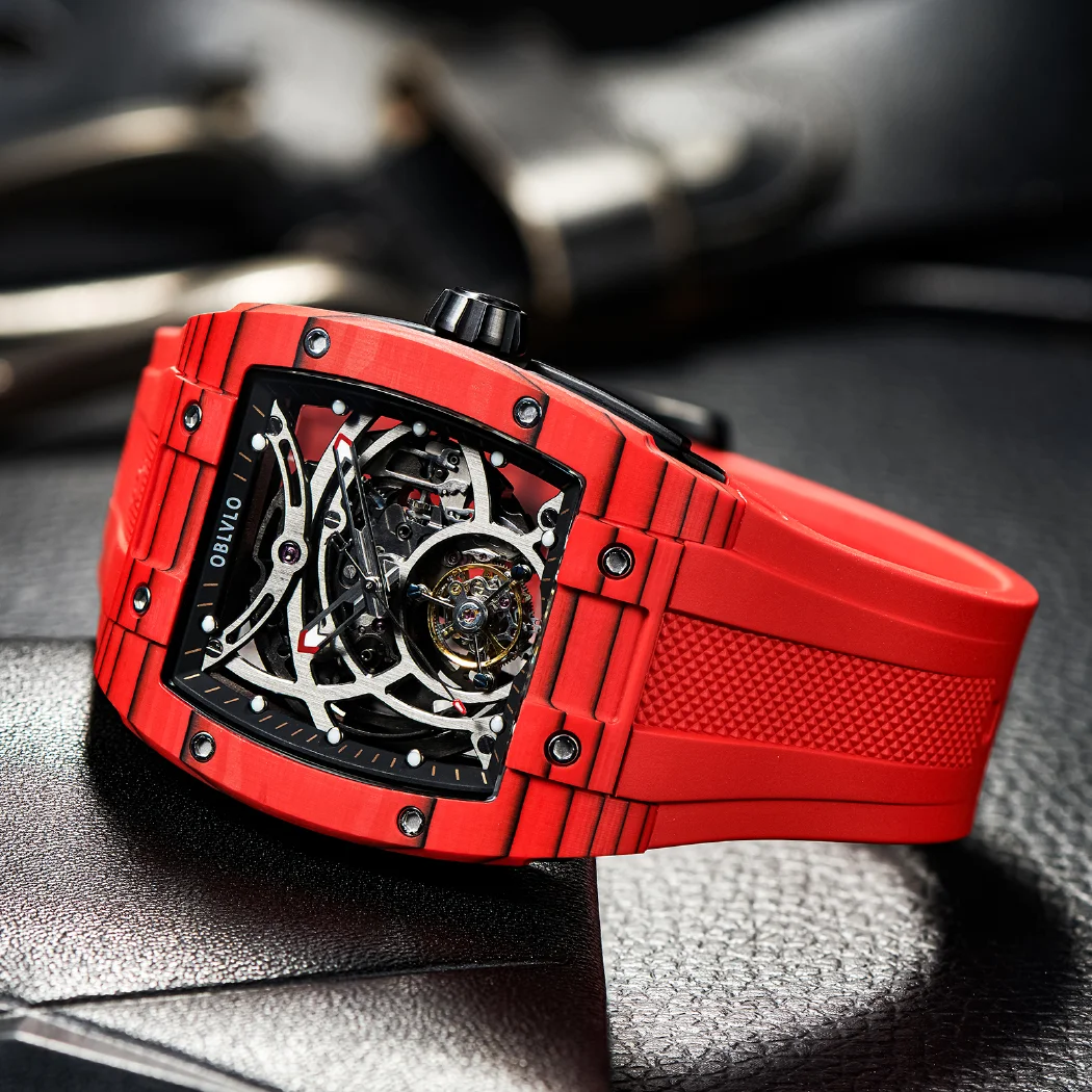 مستطيل العلامة التجارية الأصلية موضة توربيون التلقائي ساعة رياضية للرجال الهيكل العظمي مضيئة حزام مطاط مقاوم للماء EM-RT