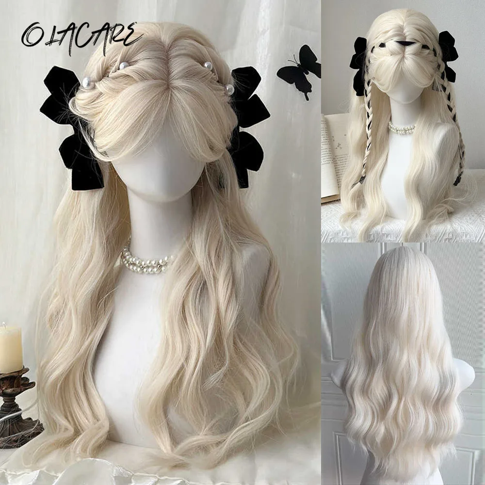 Long Blonde Wavy Synthetic Wigs with Bangs Lolita Cosplay Blonde Halloween Natural Wave Hair Wigs for White Women Heat Resistant