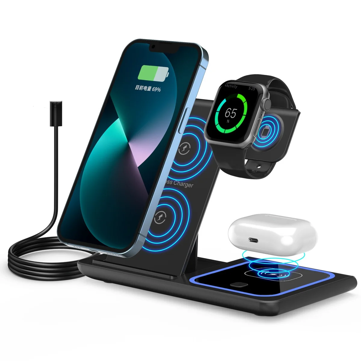 

Беспроводная складная зарядная станция: Зарядное устройство 3-в-1 для нескольких устройств Apple iPhone 17, 16e, 16, 15, 14 Pro Max, 13, 12