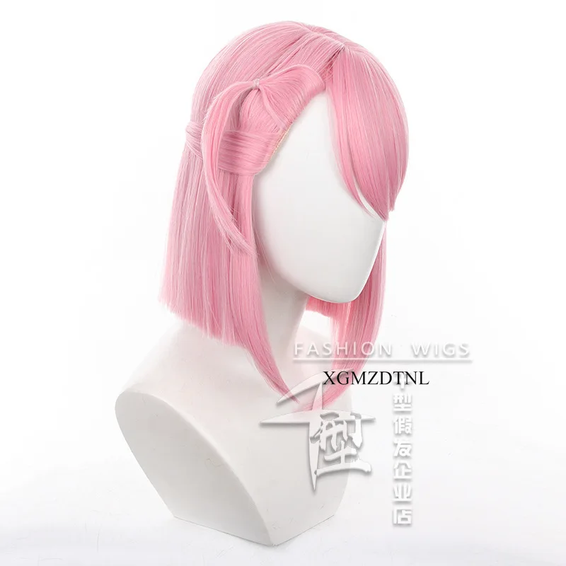 Genshin Impact Charlotte Cosplay Wig Short 33cm Pink Ponytail Wigs Heat Resistant Hair Anime Party Cos Props Wigs Free Wig Cap