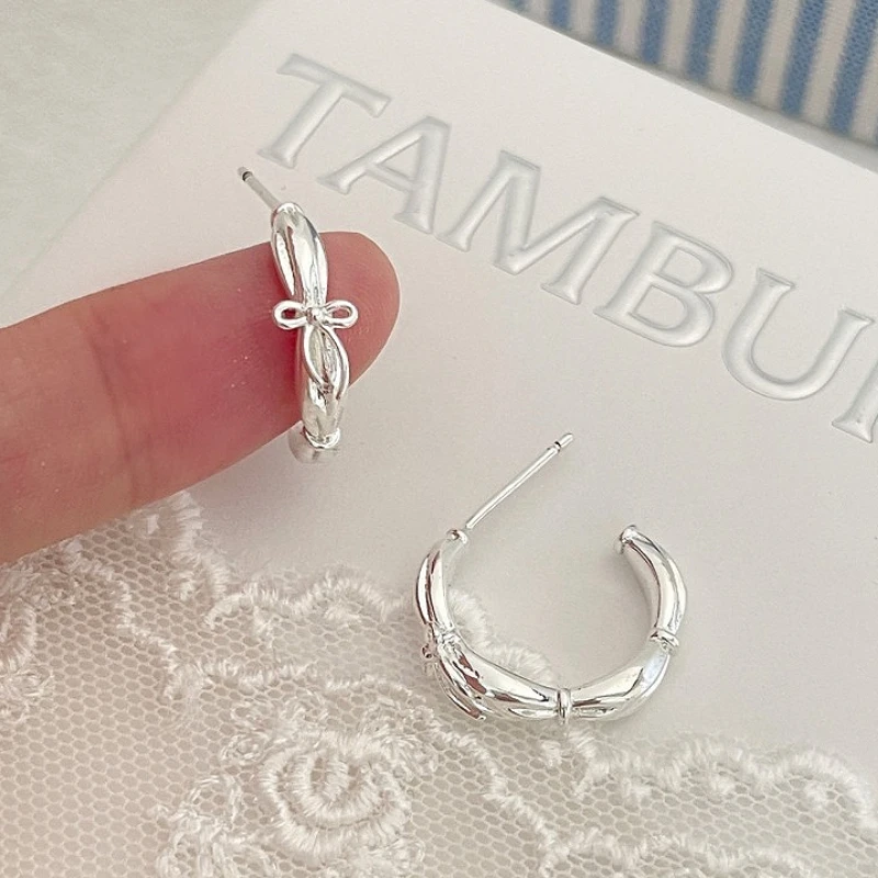

925 Sterling Silver Water Droplet Bow Letter-C Curved Arc Hoop Earrings for Women Fine Jewelry High Luxury Vintage Accessories