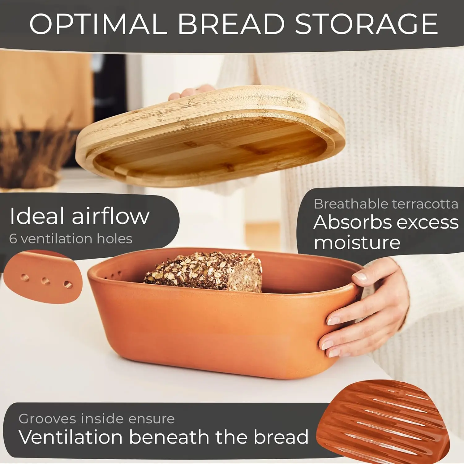 Breathable Terracotta Bread Box (9.8x5.1x3.9 inches) - Keeps Bread Fresh Longer for Kitchen Countertop