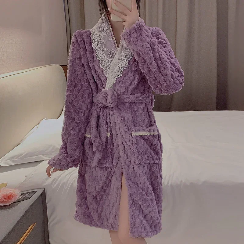 2024 Winter Long Sleeve Thick Warm Flannel Kimono Robes for Women Cute Lace Bathrobe Sleepwear Bath Robe Nightdress Night Dress