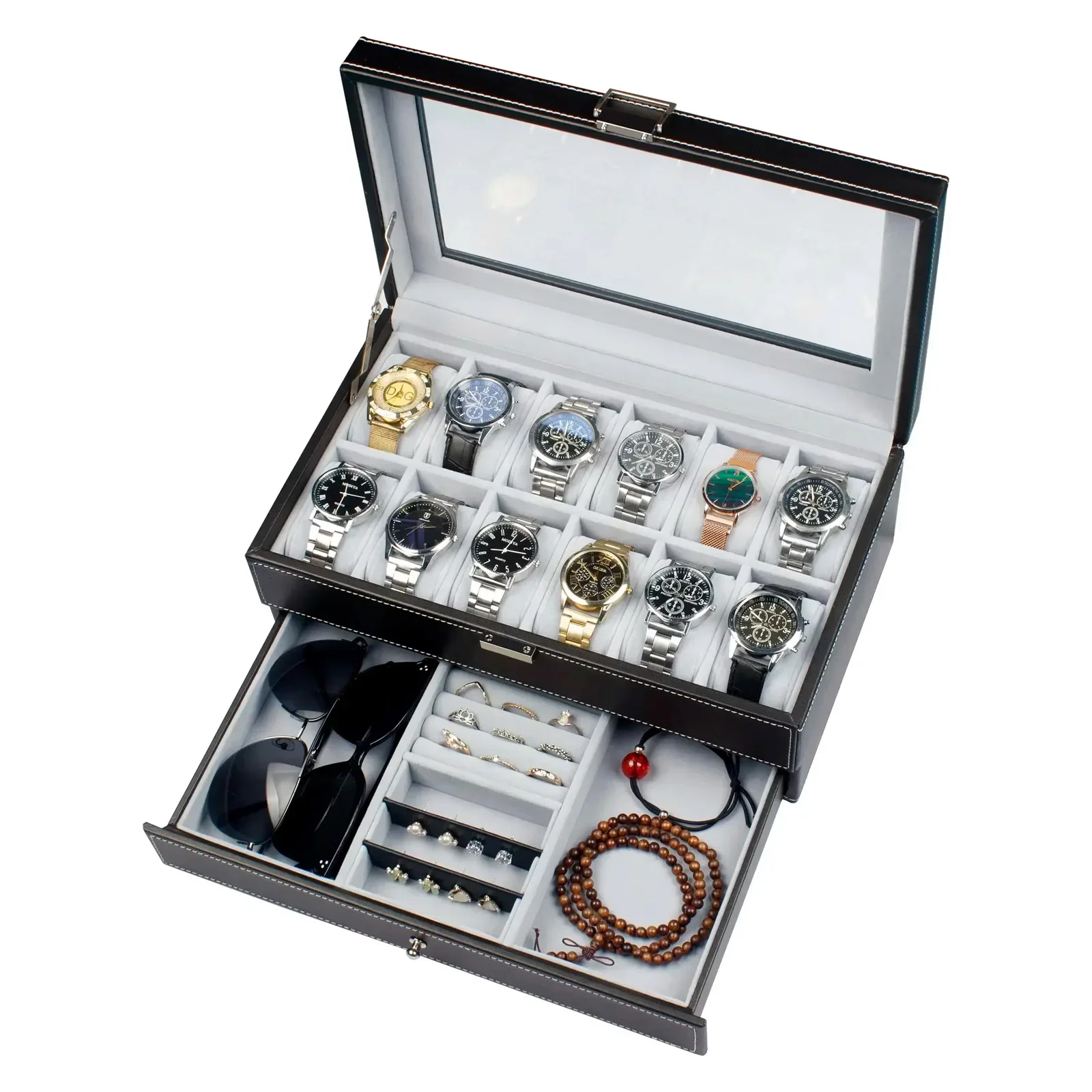2025 New 12 Slot Leather Lockable Watch Storage Boxes,Men & Women's Jewelry Display Drawer Case, 2-Tier Organizer Watch Showcase