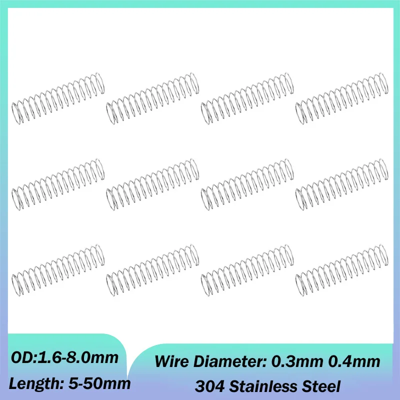 Wire Dia 0.3mm 0.4mm 304 Stainless Steel Micro Small Compression Spring OD 1.6/2.0/2.5/3.0/3.5/4.0/5.0/6.0/7.0/8.0mm L:5-50mm