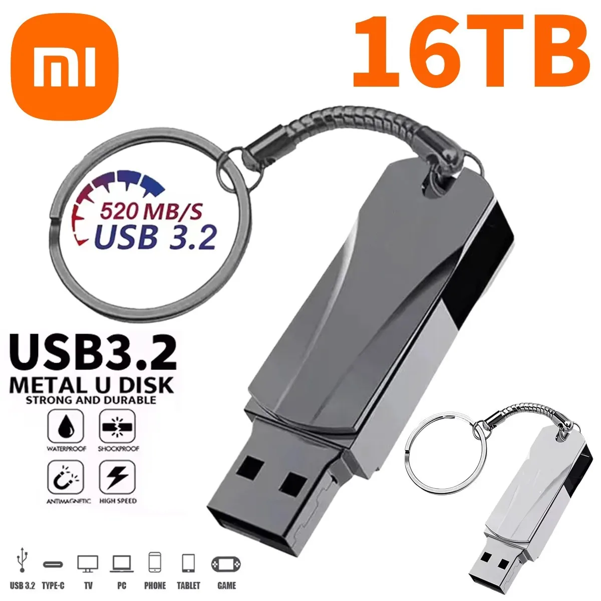 Xiaomi 16TB USB Flash Drives USB 3.2 High-speed File Transfer U Disk 8TB 4GB Ultra-large Capacity Metal Waterproof USB Memory