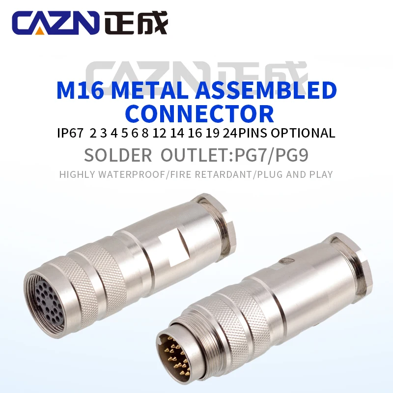 

CAZN M16 Metal IP67 IP68 Waterproof Connector Plug 2P Female Male Cable 2 3 4 5 6 7 8 12 14 16 19 24 PINs Copper Contact