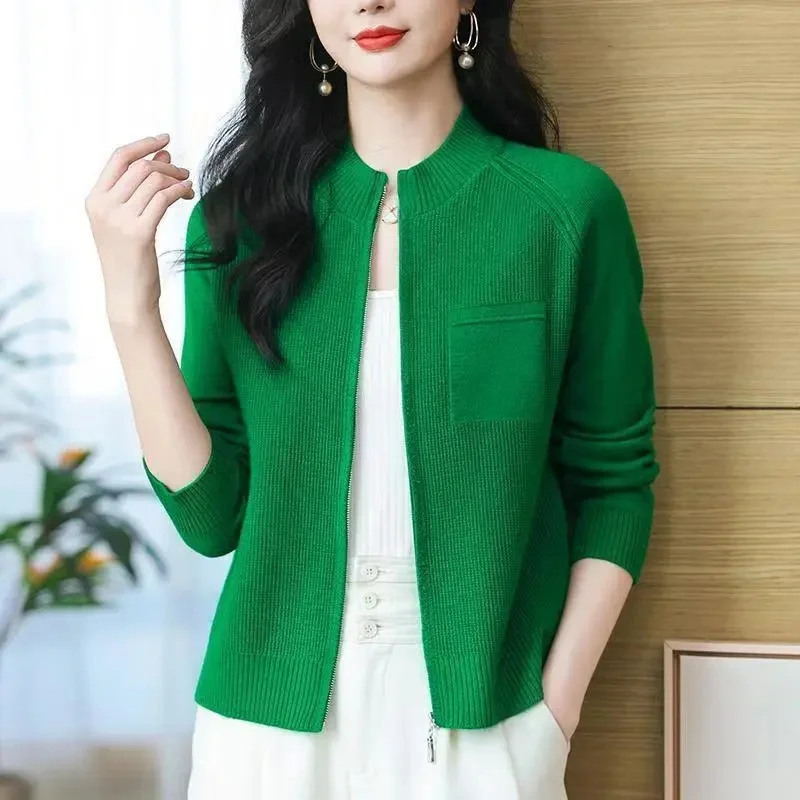 Chaqueta cárdigan para mujer primavera otoño 2025 nuevo cuello levantado prendas de punto con cremallera Joker suéter de mujer abrigo de estilo occidental Top de moda