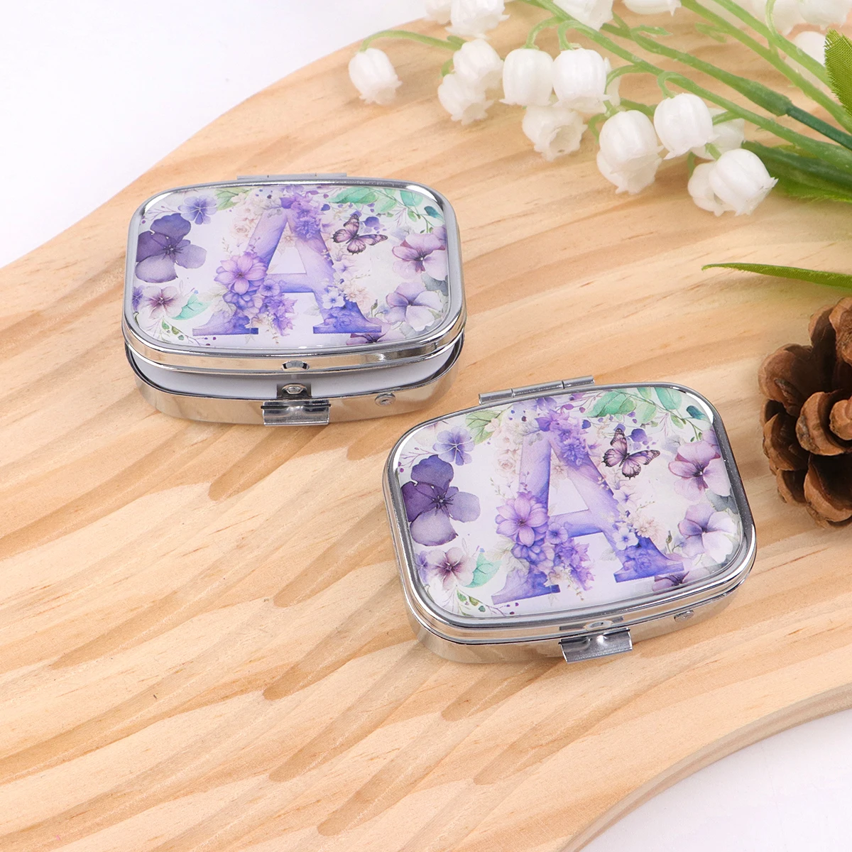 Beautiful A-O Letters Metal Medicine Box with 2 Compartments Portable Travel Sealed Small Pill Organizer Container Storage