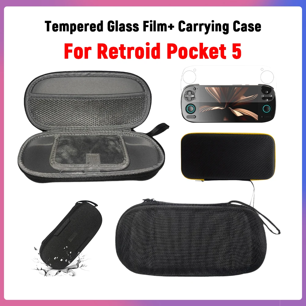 Przenośny futerał do przenoszenia Folia ochronna ze szkła hartowanego do Retroid Pocket 5. Odporna na wstrząsy torba do przechowywania z kieszenią z siatki do RP5