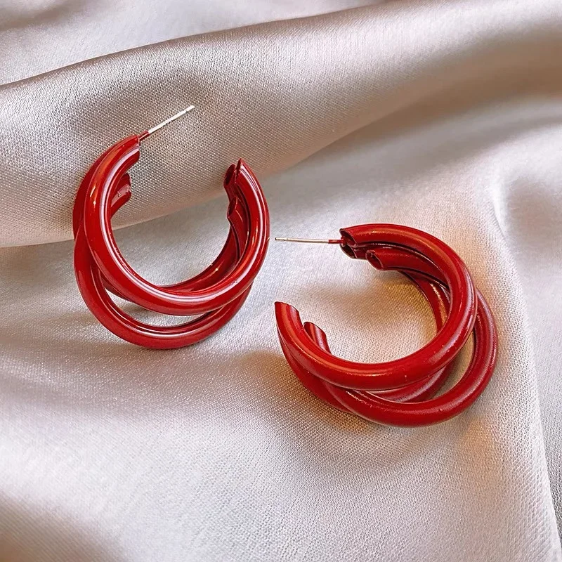 Exaggerate Red C-shaped Drop Earrings Vintage Spray Painting Alloy Gometric Earring for Women Commuting