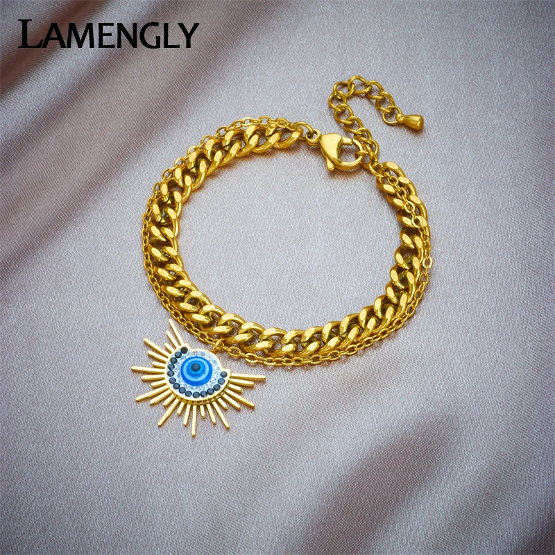 LAMENGLY 316L Stainless Steel Retro Eye Charms Bracelet For Women Fashion New Gold Color Chain Jewelry Girl Gift Party Bijoux