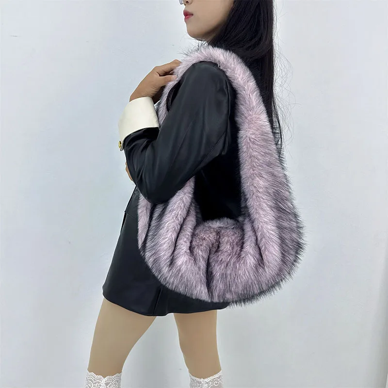 

Luxury Design Winter Casual Furry Shoulder Bags Solid Color Soft Plush Ladies Clutch Purse HandbagsTote Bag Women's Bucket Bag