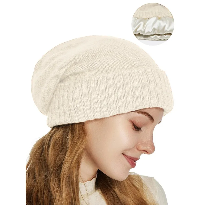 Women 100% Cashmere Beanie Hat Satin Lined Knit Slouchy  Silk Lining Foldable Winter Warm Soft Bonnet Cold Weather Accessory