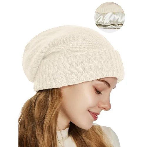 Gorro de cachemira 100% para mujer, gorro de punto con forro de satén, forro de seda holgado, gorro suave y cálido plegable para invierno, accesorio para clima frío