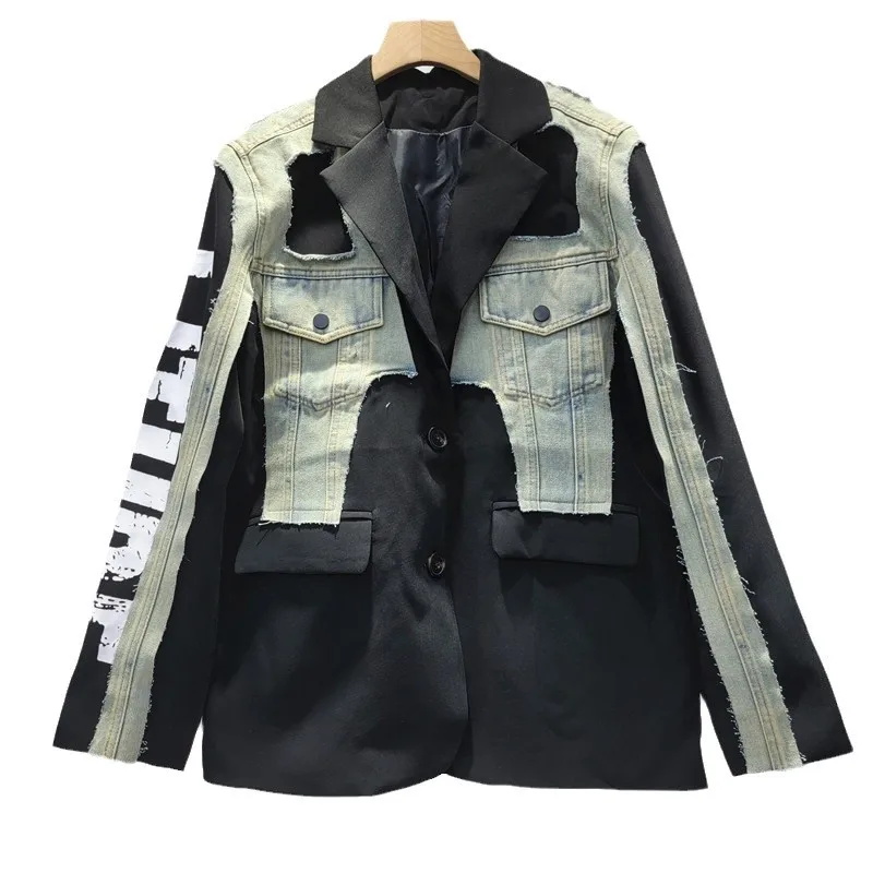 중공업 손으로 그린 ​​​​편지 틈새 디자인 정장 바느질 독특한 개성 튀김 거리 여성 패션