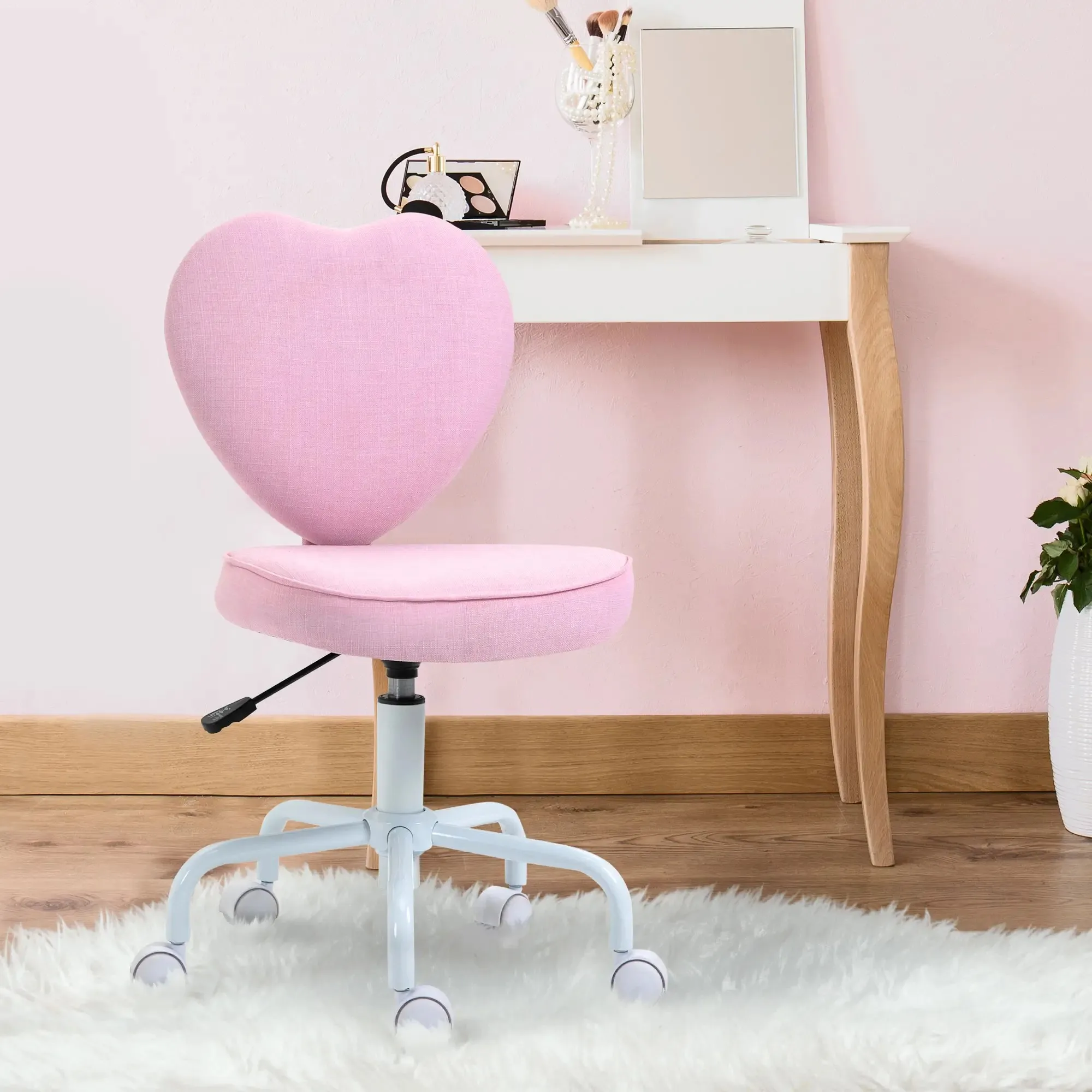 Chaise de bureau pivotante en forme de cœur avec hauteur de siège réglable, tissu en lin rose rembourré, roulettes pivotantes à 360 degrés, 40 x 50 x 79-89 cm