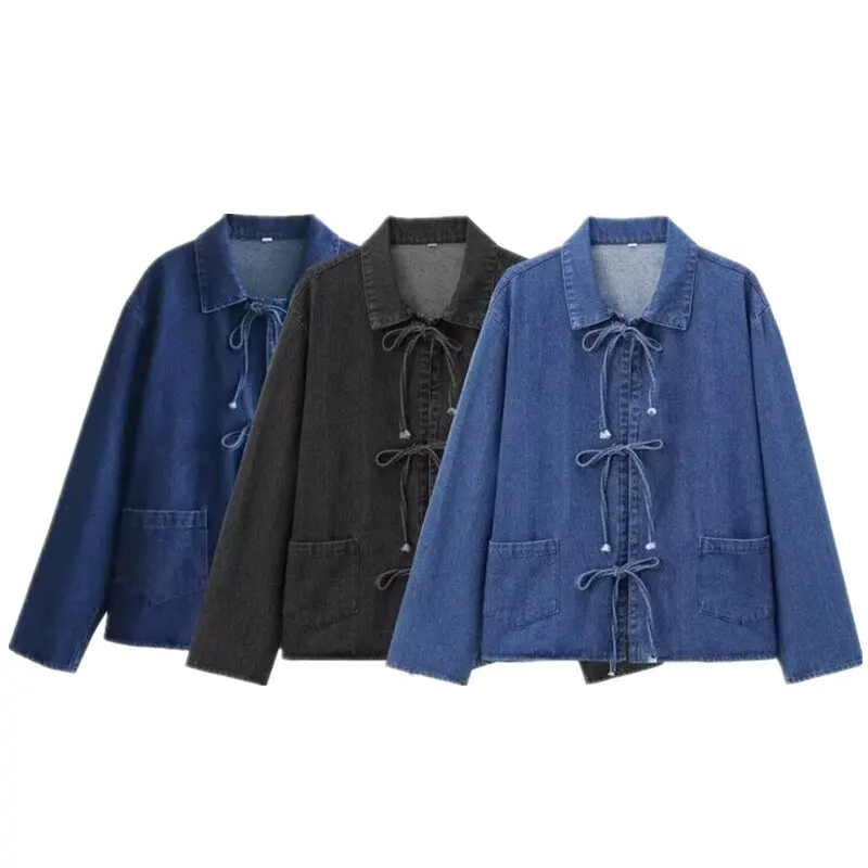 

Autumn 2024 Women's Long Sve Commuter Denim irt Versatile Knot Belted Design Loose Fit Versatile Sle Ladies' irt